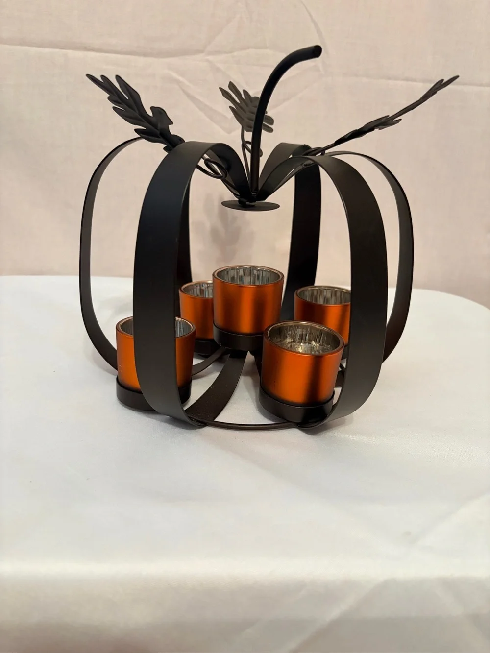 Decorative Black Pumpkin Tea Light Holder with Orange Votives